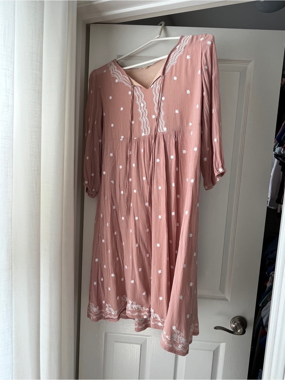 Orange Creek Dusty Rose Midi Dress with White Embroidery
